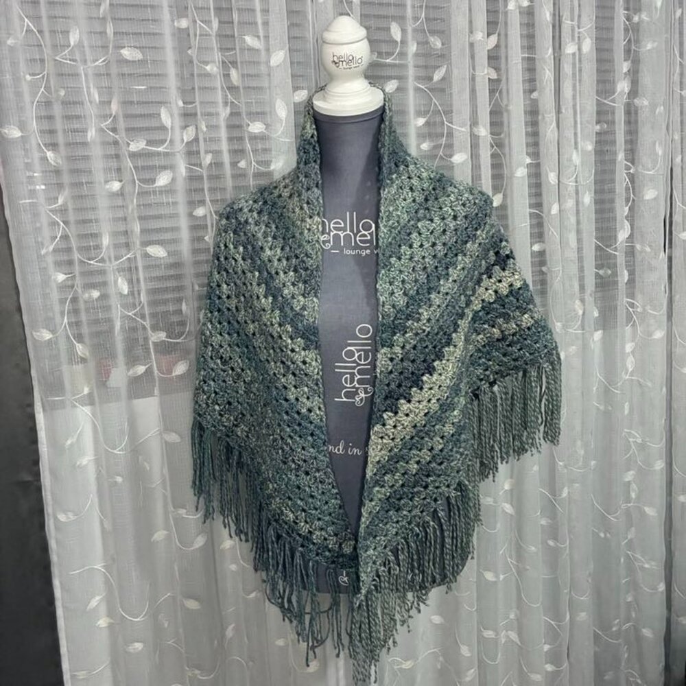Handmade Green Crochet Fringe Shawl - Women's Accessory